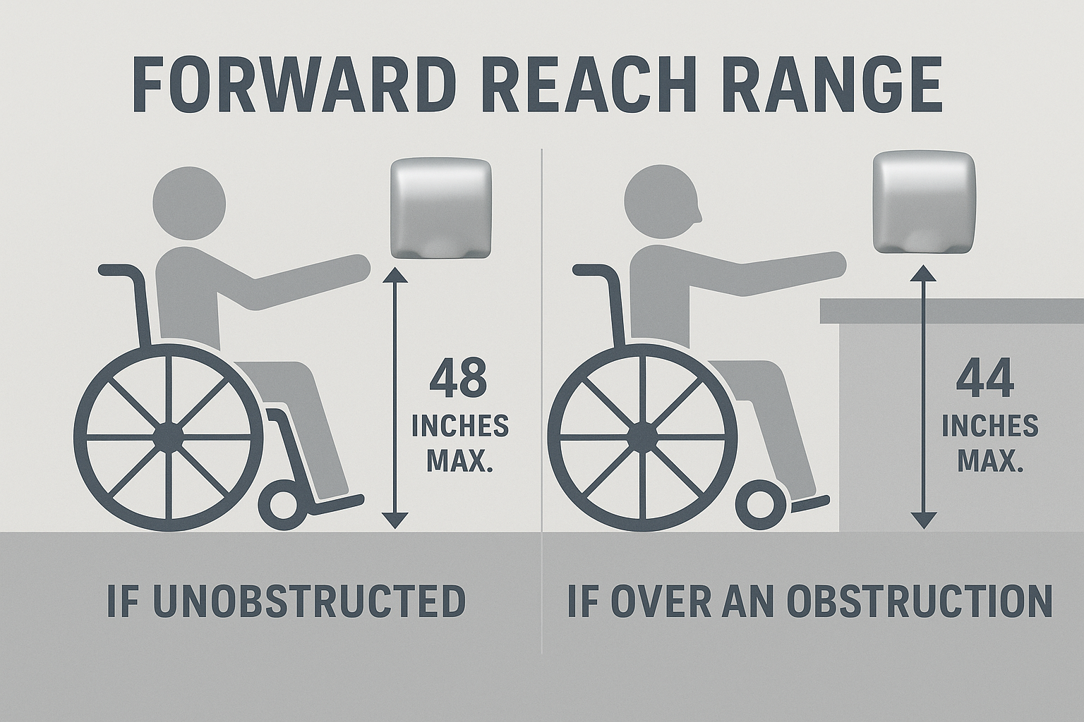 Forward reach ADA rule for max hand dryer mounting height when there is an obstruction vs no obstruction