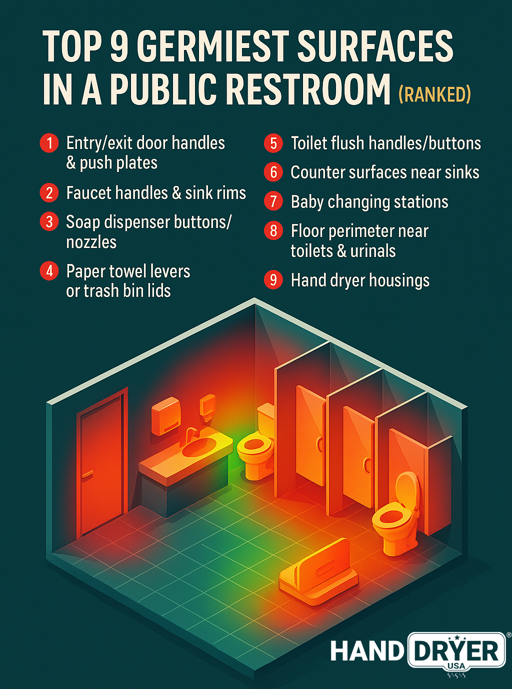 Heat map highlighting door hardware, faucet handles, and flush points as highest-risk zones.